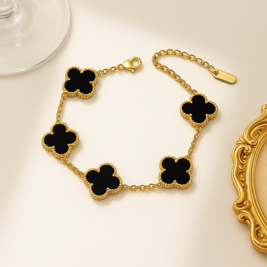 Stainless Steel Gold Plated Black Anti Tarnish Clover Bracelet