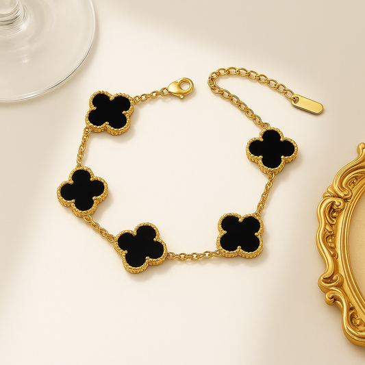 Stainless Steel Gold Plated Black Anti Tarnish Clover Bracelet