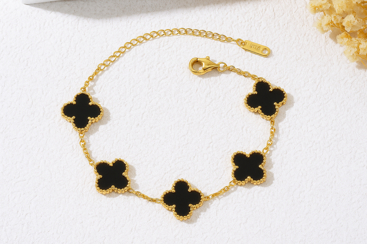 Stainless Steel Gold Plated Black Anti Tarnish Clover Bracelet