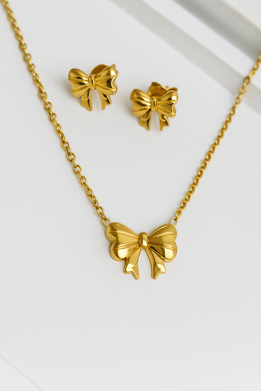 Gold Plated Anti Tarnish Bow Themed Jewellery Set