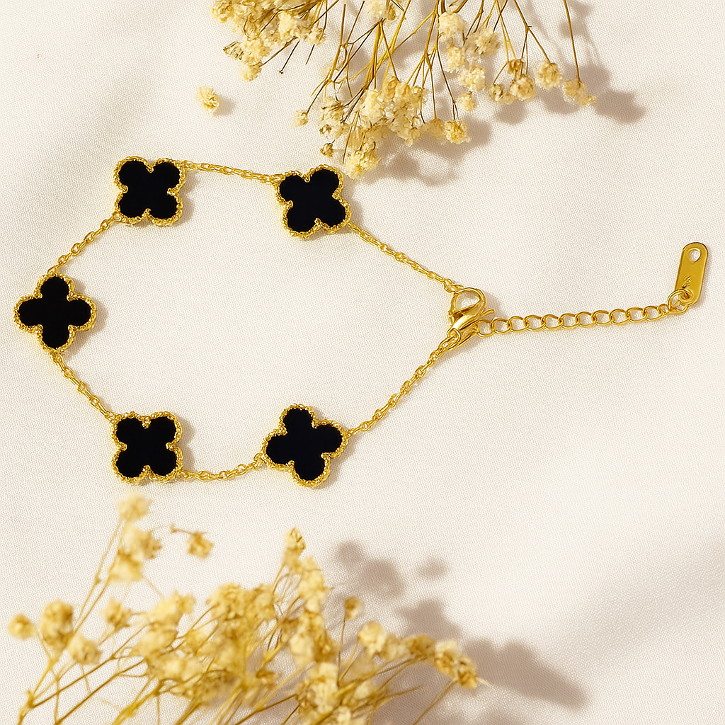 Stainless Steel Gold Plated Black Anti Tarnish Clover Bracelet